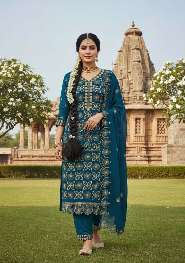 Teal Embroidery Georgette Salwar Kameez - Indya