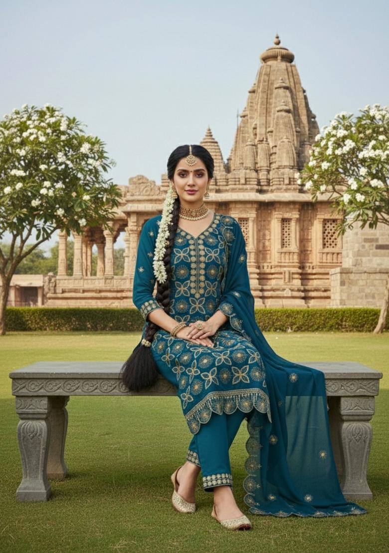 Teal Embroidery Georgette Salwar Kameez - Indya