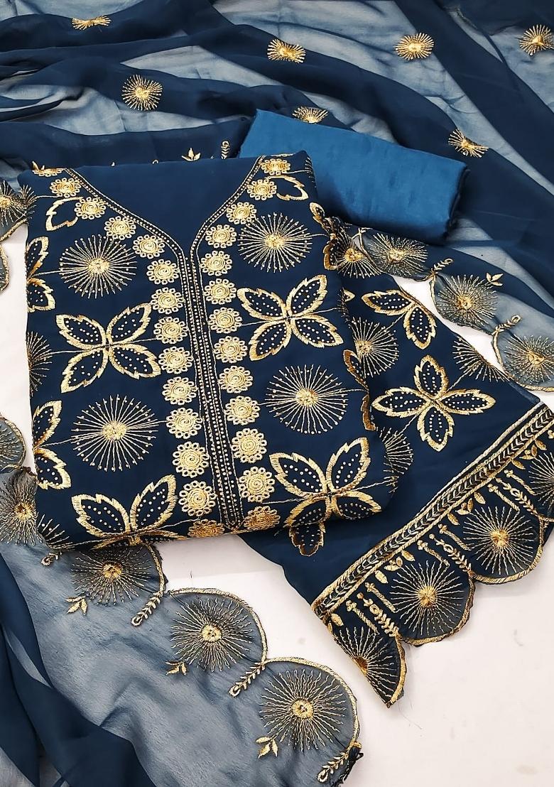 Teal Embroidery Georgette Salwar Kameez - Indya