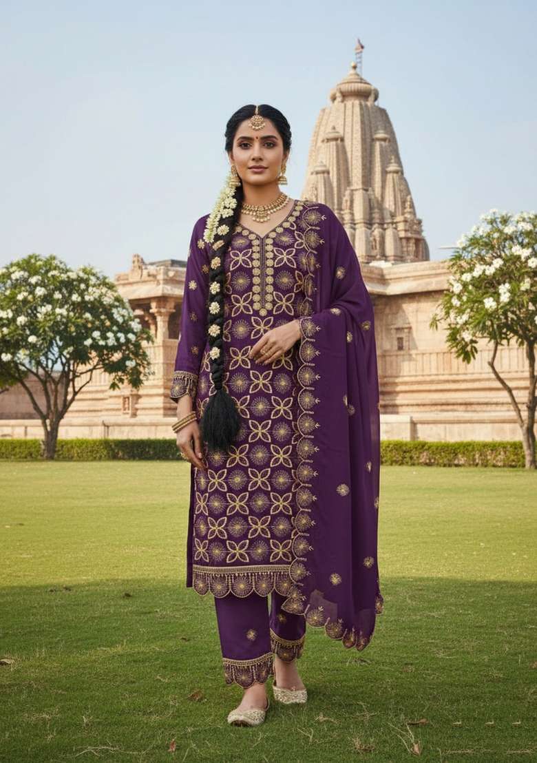 Wine Embroidery Georgette Salwar Kameez - Indya