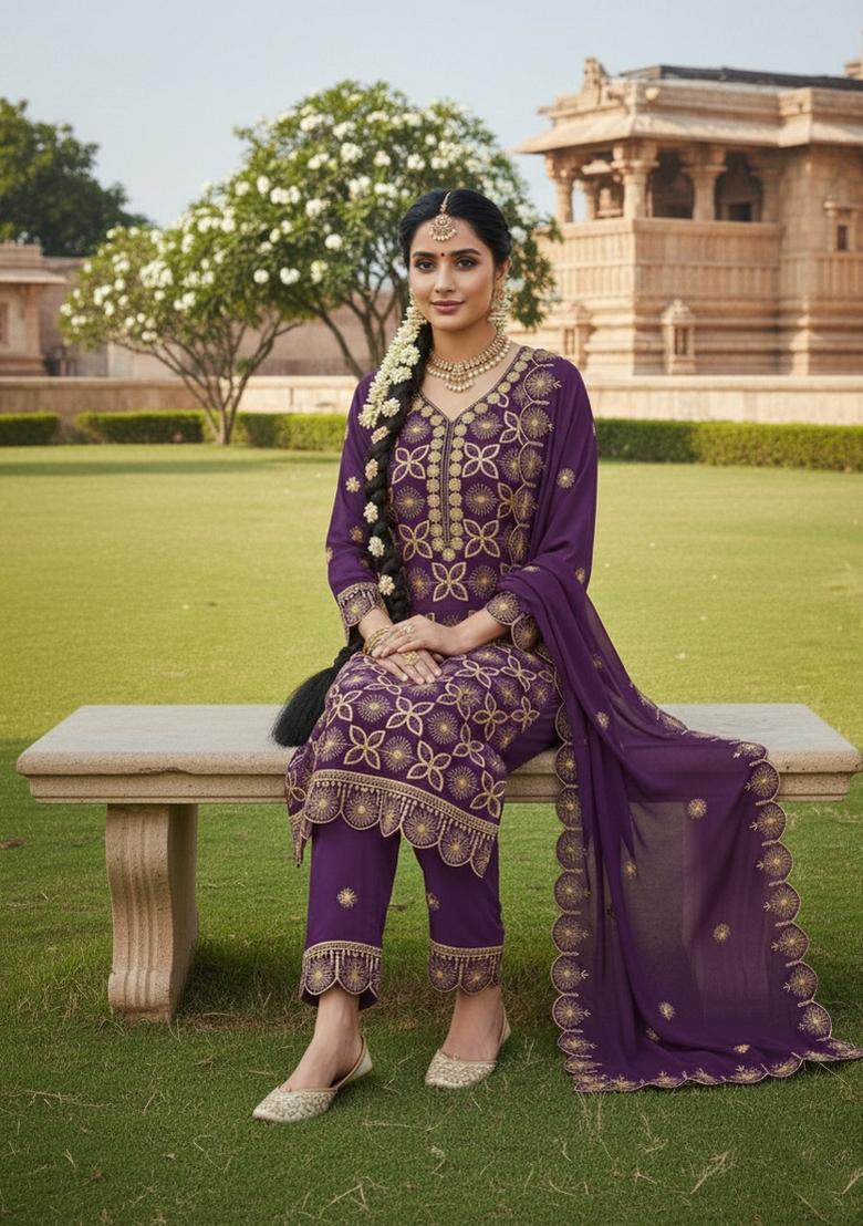 Wine Embroidery Georgette Salwar Kameez - Indya