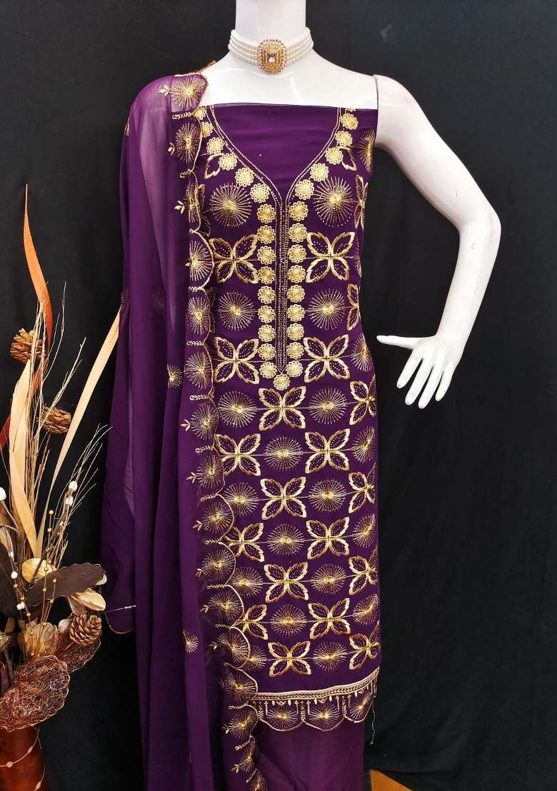 Wine Embroidery Georgette Salwar Kameez - Indya