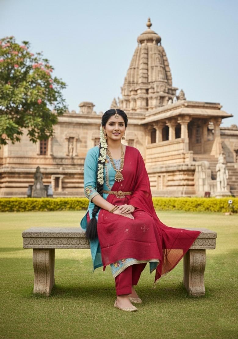 Sky Blue Embroidery Jalpari Salwar Kameez - Indya