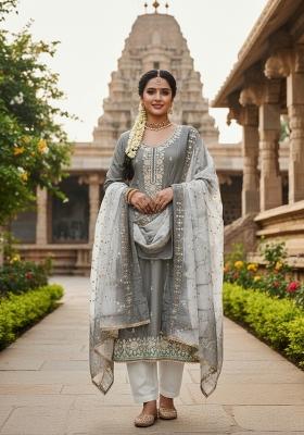 Grey Embroidery Silk Salwar Kameez