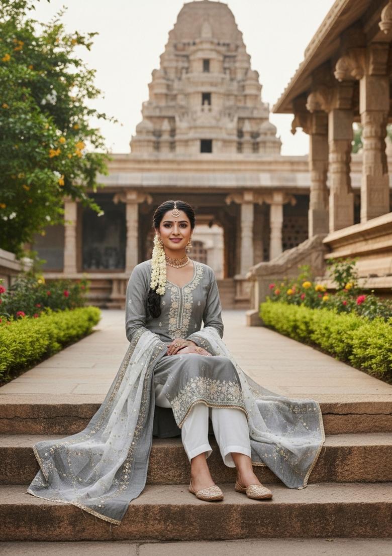 Grey Embroidery Silk Salwar Kameez - Indya