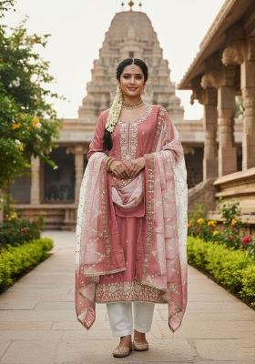 Peach Embroidery Silk Salwar Kameez