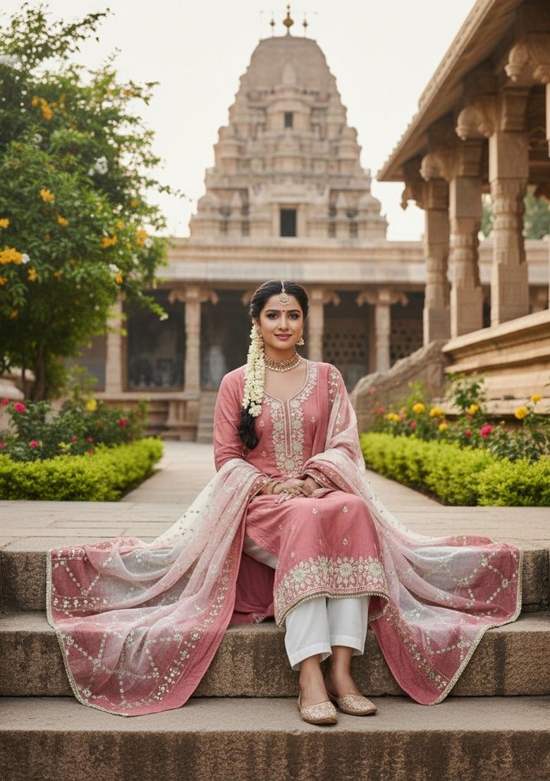 Peach Embroidery Silk Salwar Kameez - Indya