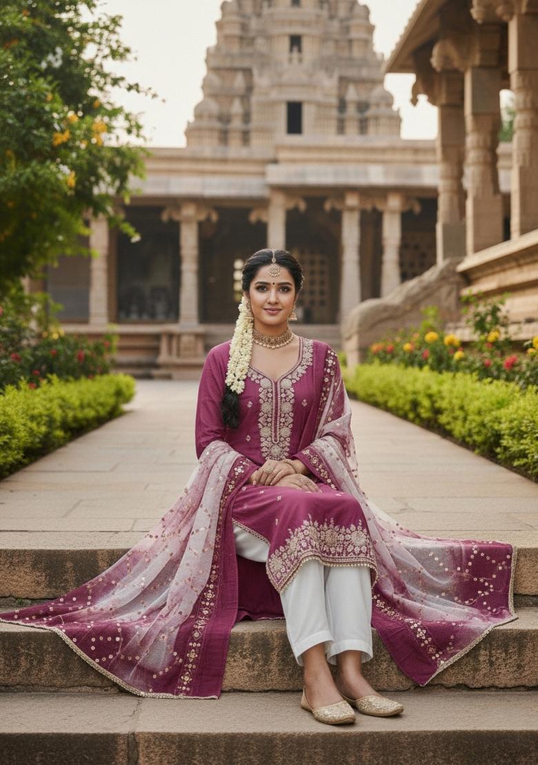 Wine Embroidery Silk Salwar Kameez - Indya