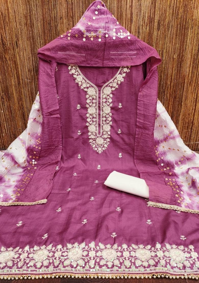 Wine Embroidery Silk Salwar Kameez - Indya