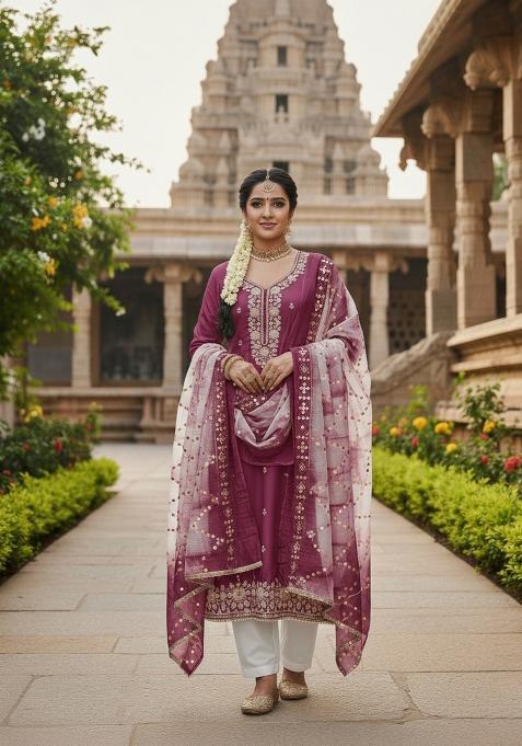 Wine Embroidery Silk Salwar Kameez — view on Indya