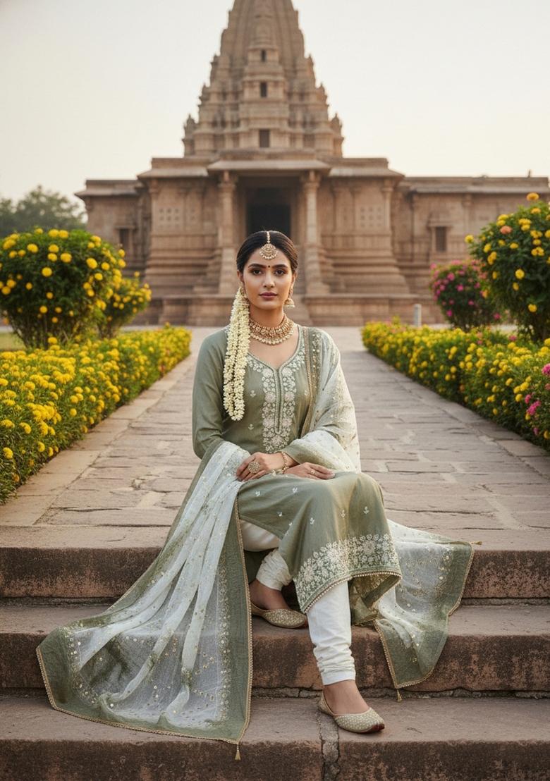 Mehendi Embroidery Silk Salwar Kameez - Indya