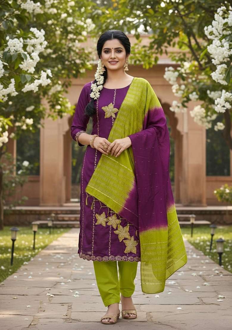 Wine Embroidery Silk Blend Salwar Kameez - Indya