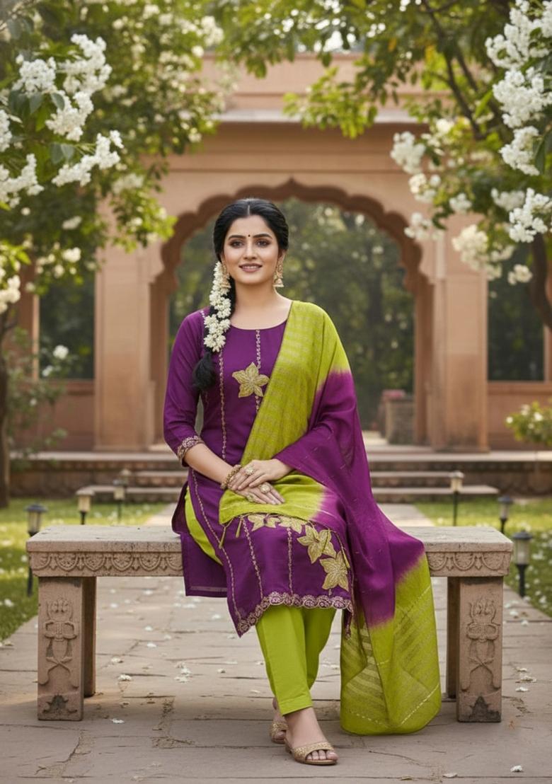 Wine Embroidery Silk Salwar Kameez - Indya