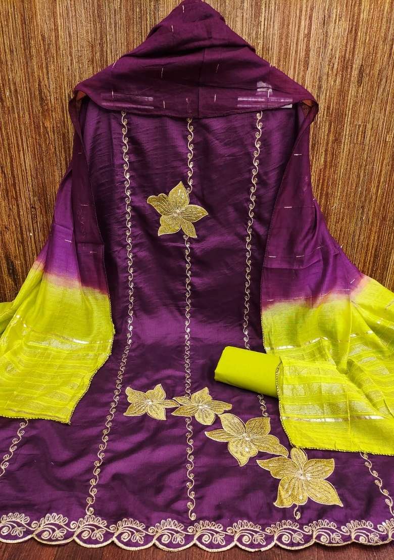 Wine Embroidery Silk Blend Salwar Kameez - Indya