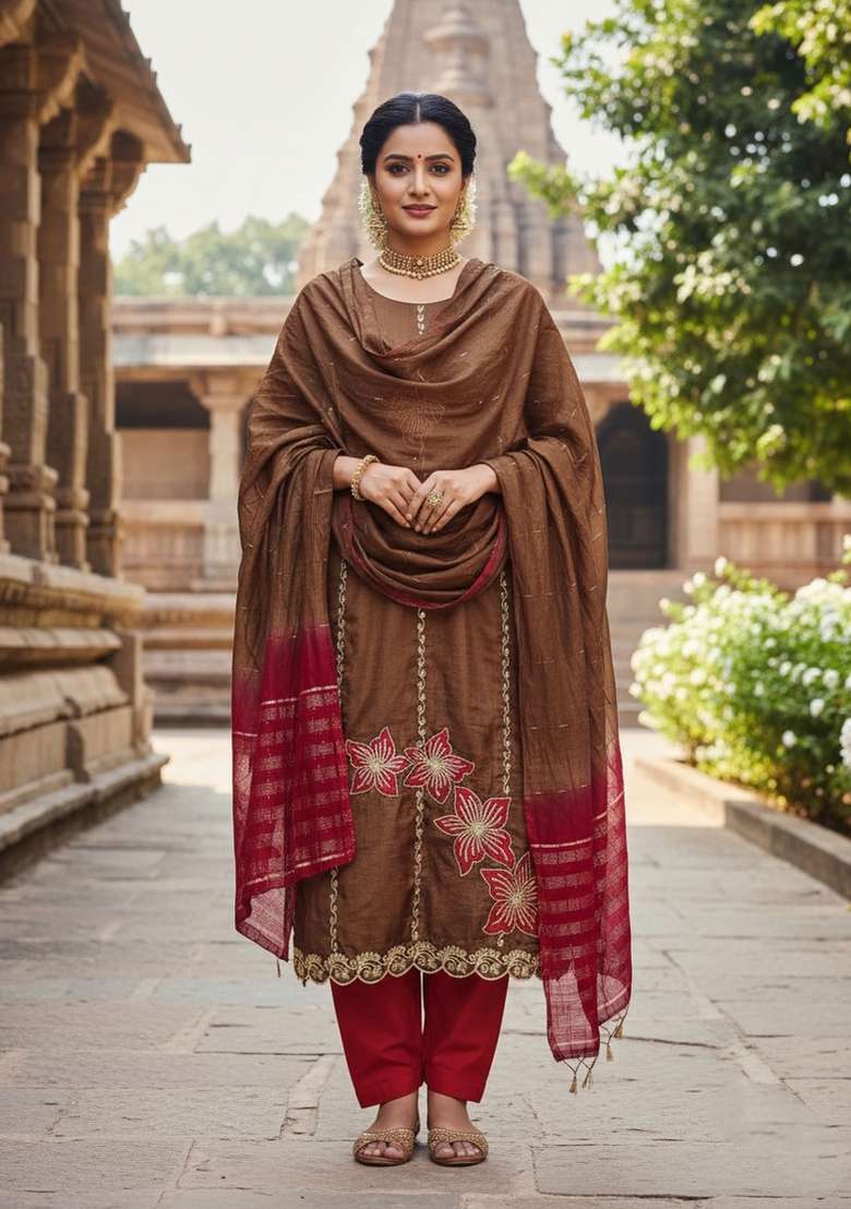 Brown Embroidery Silk Blend Salwar Kameez - Indya