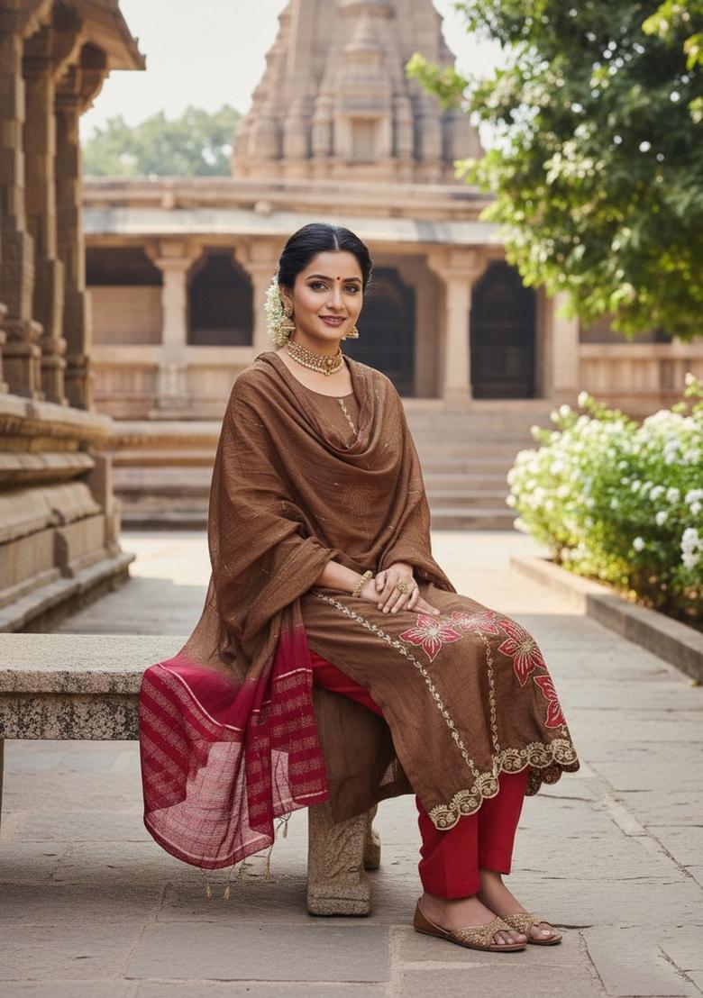 Brown Embroidery Silk Salwar Kameez - Indya