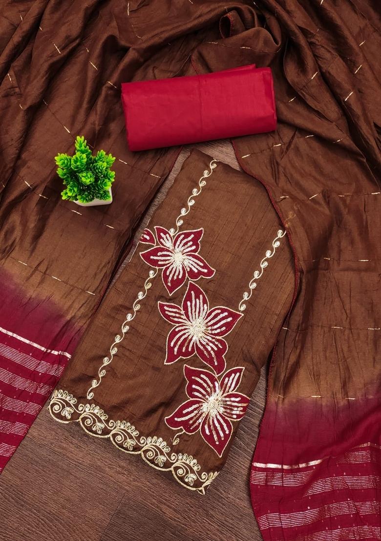 Brown Embroidery Silk Salwar Kameez - Indya