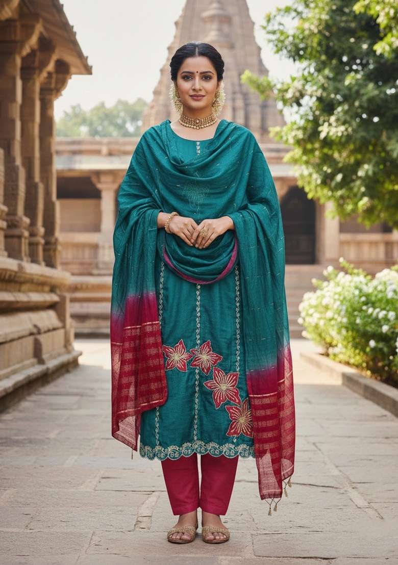 Aqua Embroidery Silk Blend Salwar Kameez - Indya