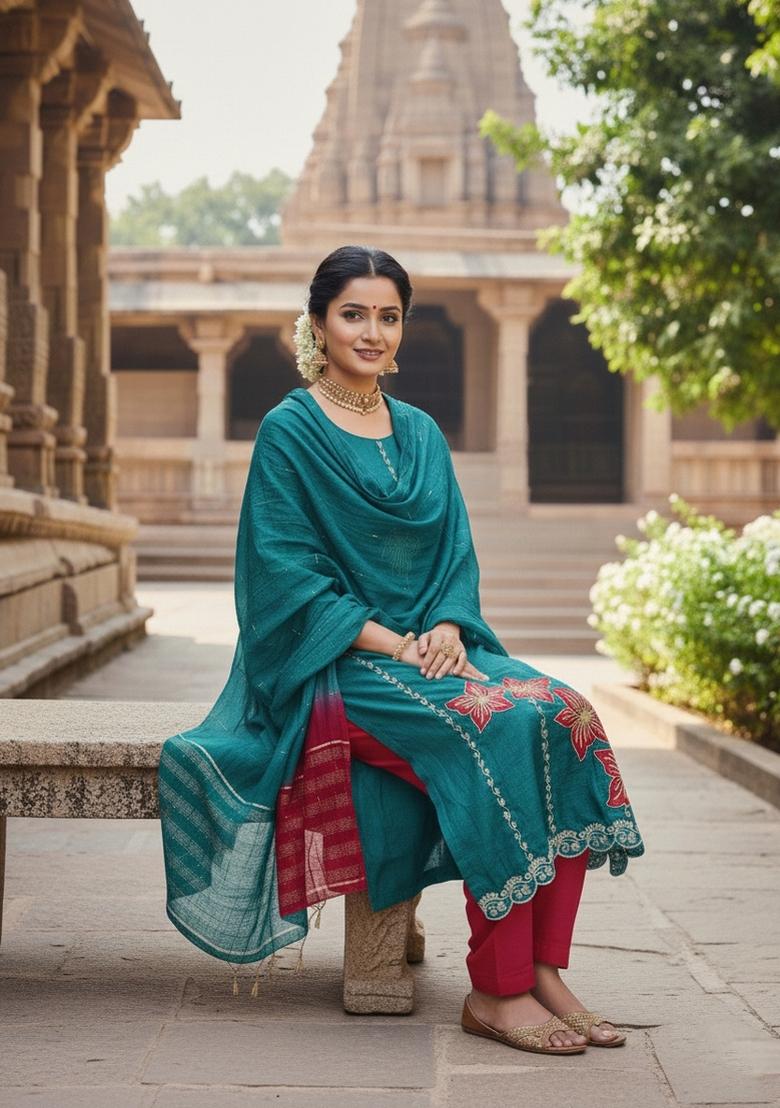 Aqua Embroidery Silk Salwar Kameez - Indya