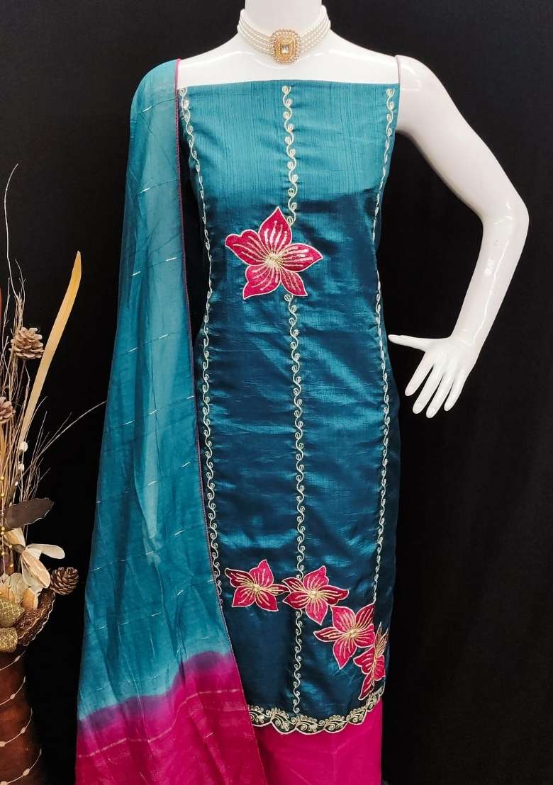 Aqua Embroidery Silk Blend Salwar Kameez - Indya