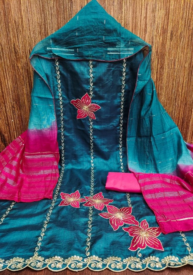 Aqua Embroidery Silk Salwar Kameez - Indya