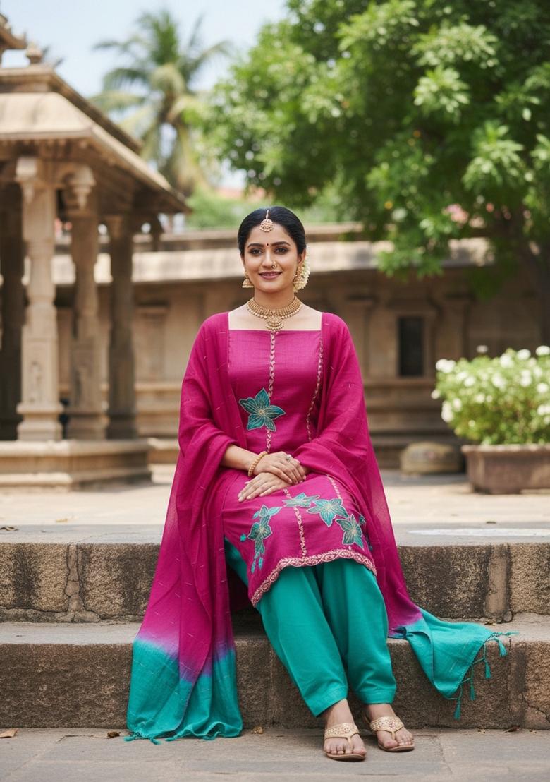 Magenta Embroidery Silk Salwar Kameez - Indya