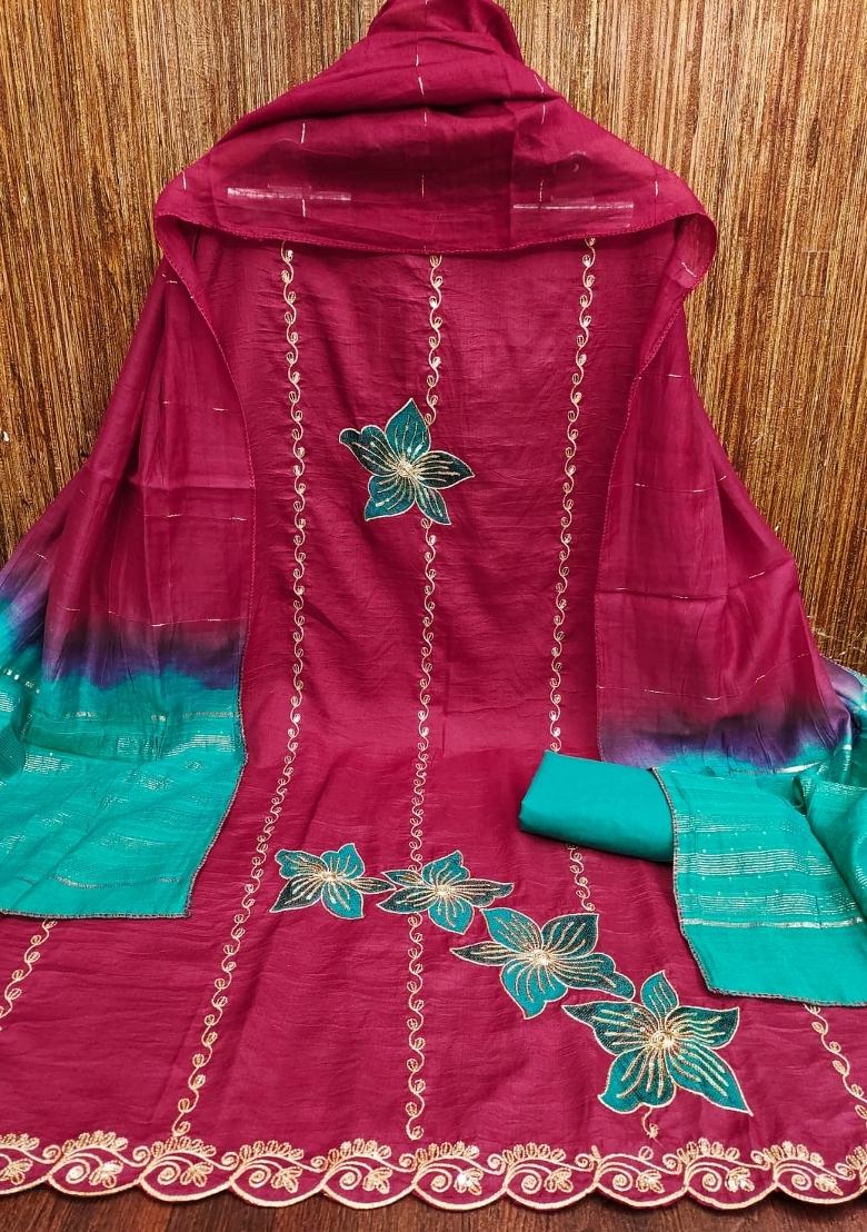 Magenta Embroidery Silk Salwar Kameez - Indya