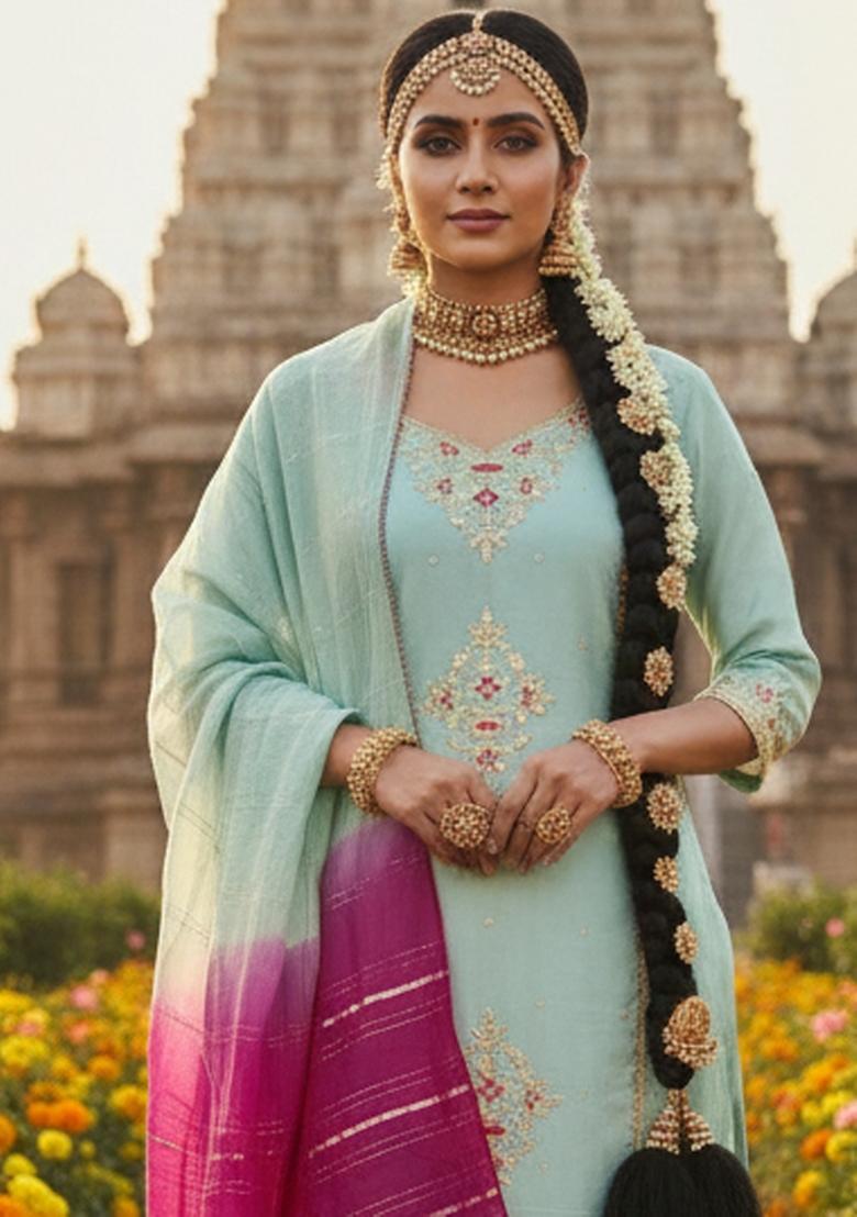 Sky Blue Embroidery Silk Salwar Kameez - Indya