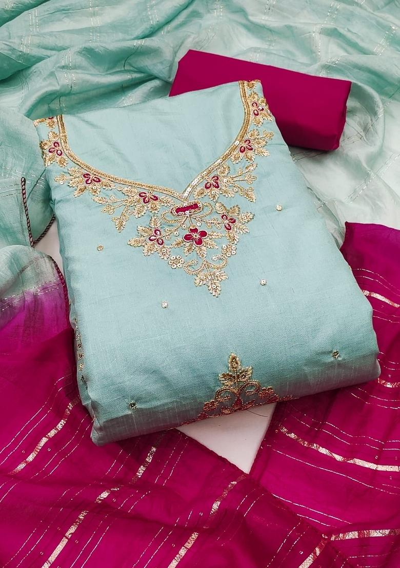 Sky Blue Embroidery Silk Salwar Kameez - Indya
