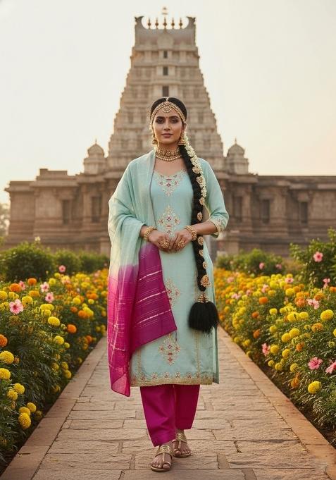 Sky Blue Embroidery Silk Salwar Kameez
