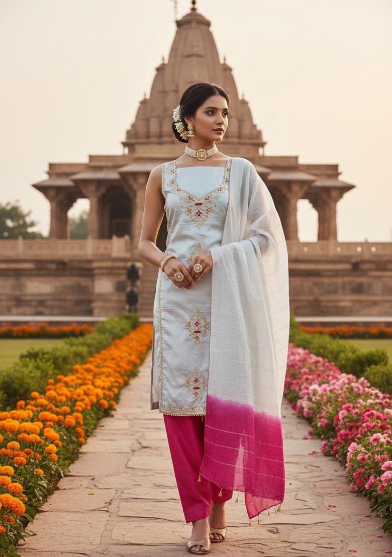 Light Grey Embroidery Silk Salwar Kameez - Indya