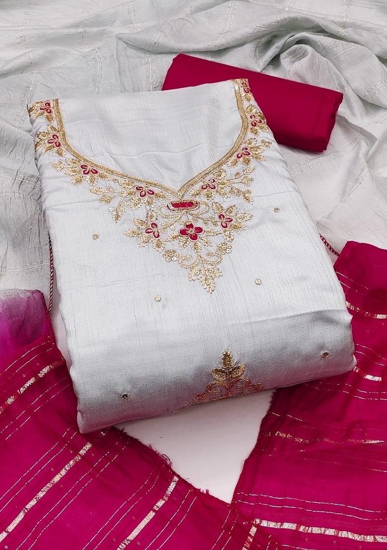 Light Grey Embroidery Silk Salwar Kameez - Indya