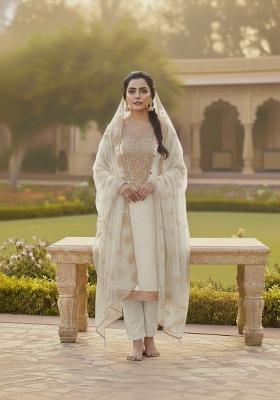 Cream Embroidery Chanderi Salwar Kameez