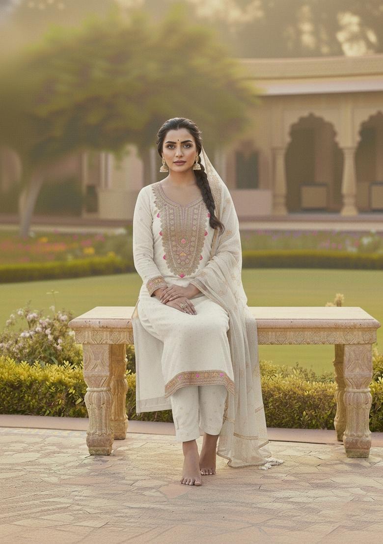 Cream Embroidery Chanderi Salwar Kameez - Indya