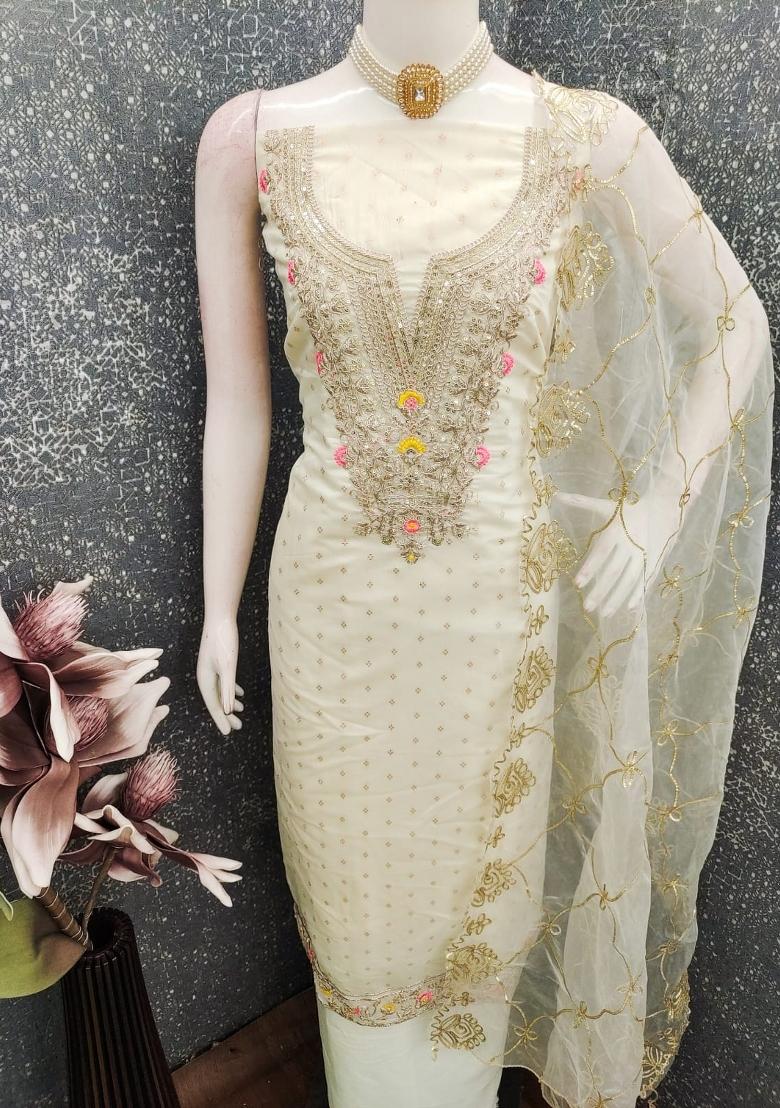 Cream Embroidery Chanderi Salwar Kameez - Indya