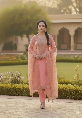 Peach Embroidery Chanderi Salwar Kameez