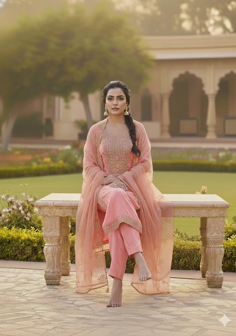 Peach Embroidery Chanderi Salwar Kameez - Indya