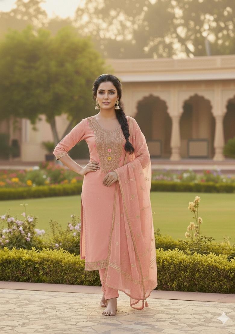Peach Embroidery Chanderi Salwar Kameez - Indya