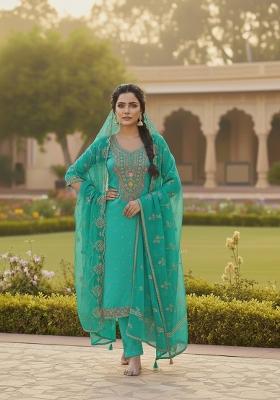 Sea Green Embroidery Chanderi Salwar Kameez