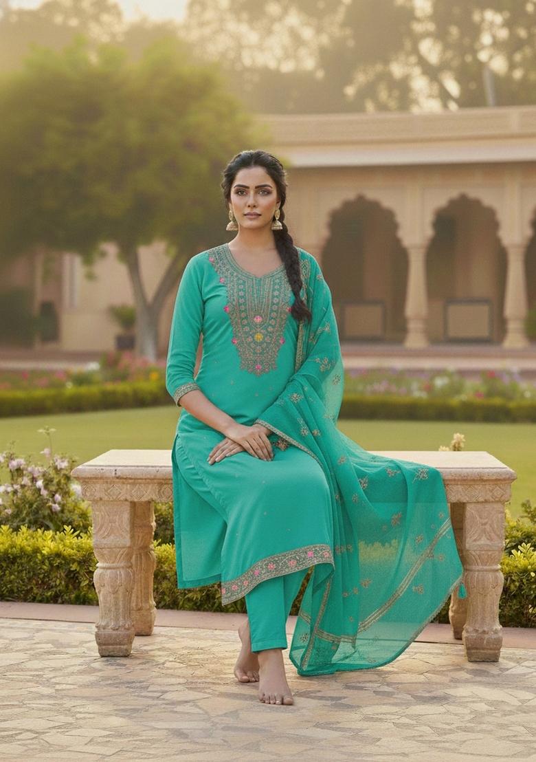 Sea Green Embroidery Chanderi Salwar Kameez - Indya