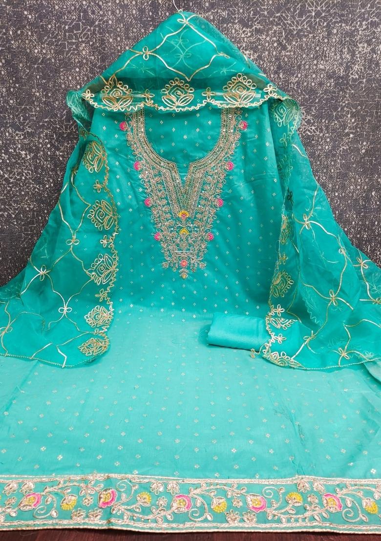 Sea Green Embroidery Chanderi Salwar Kameez - Indya
