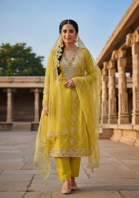 Parrot Green Embroidery Chanderi Salwar Kameez