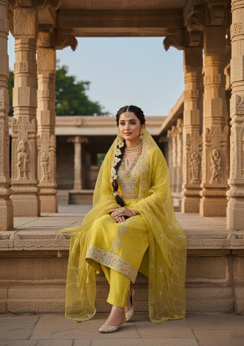 Parrot Green Embroidery Chanderi Salwar Kameez - Indya