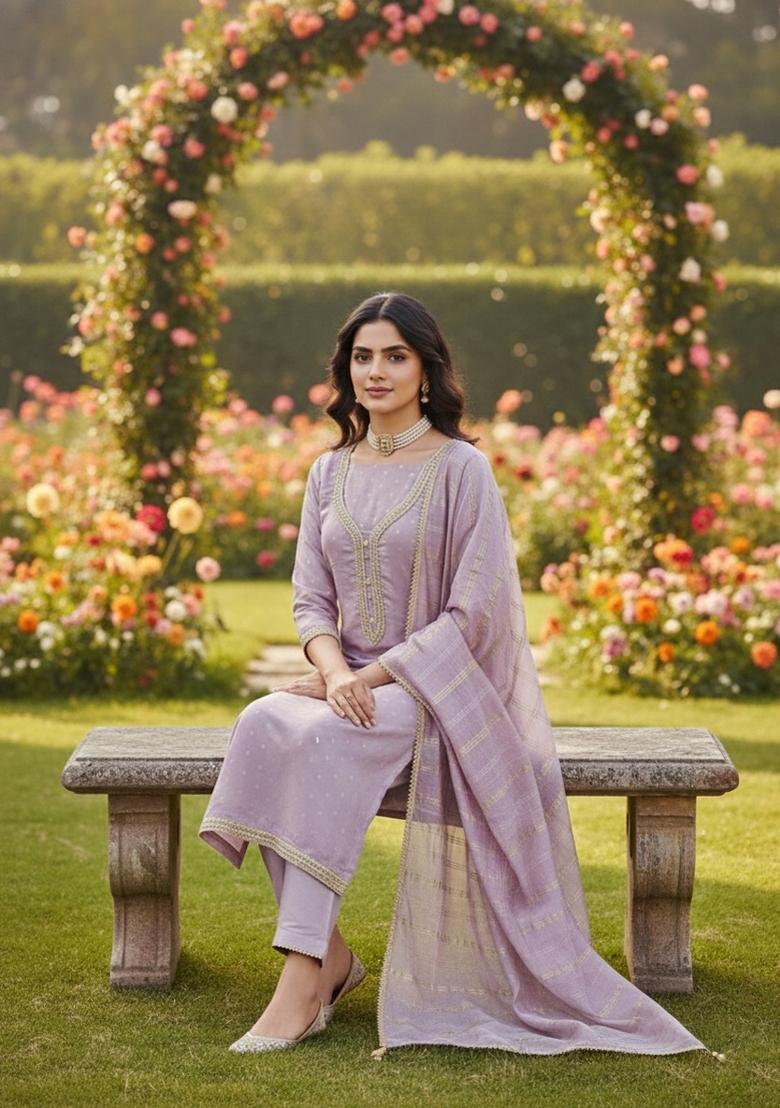 Lavender Embroidery Chanderi Salwar Kameez - Indya
