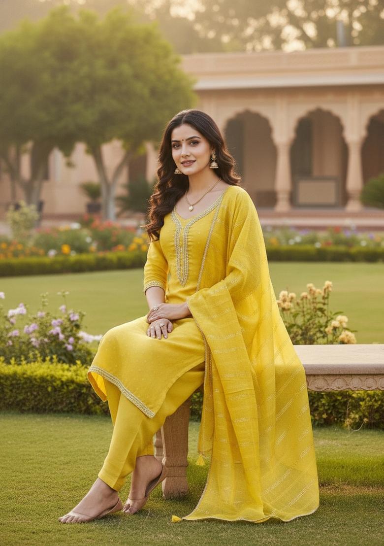 Yellow Embroidery Chanderi Salwar Kameez - Indya