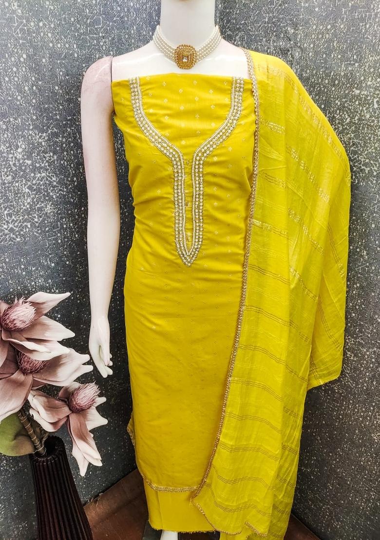 Yellow Embroidery Chanderi Salwar Kameez - Indya