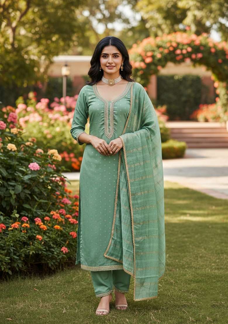 Sea Green Embroidery Chanderi Salwar Kameez - Indya