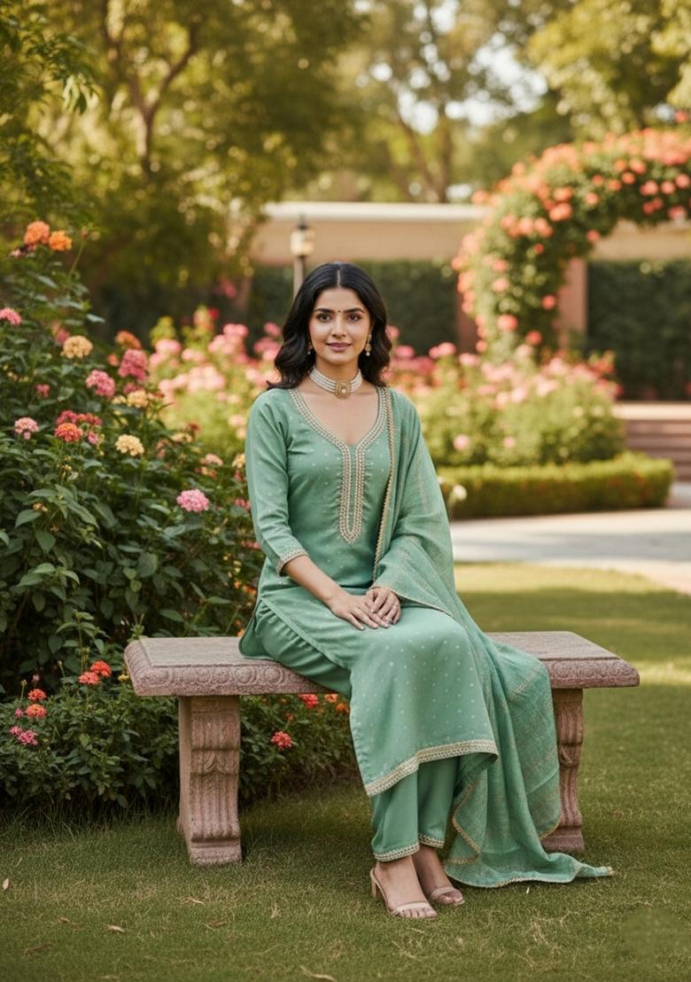 Sea Green Embroidery Chanderi Salwar Kameez - Indya