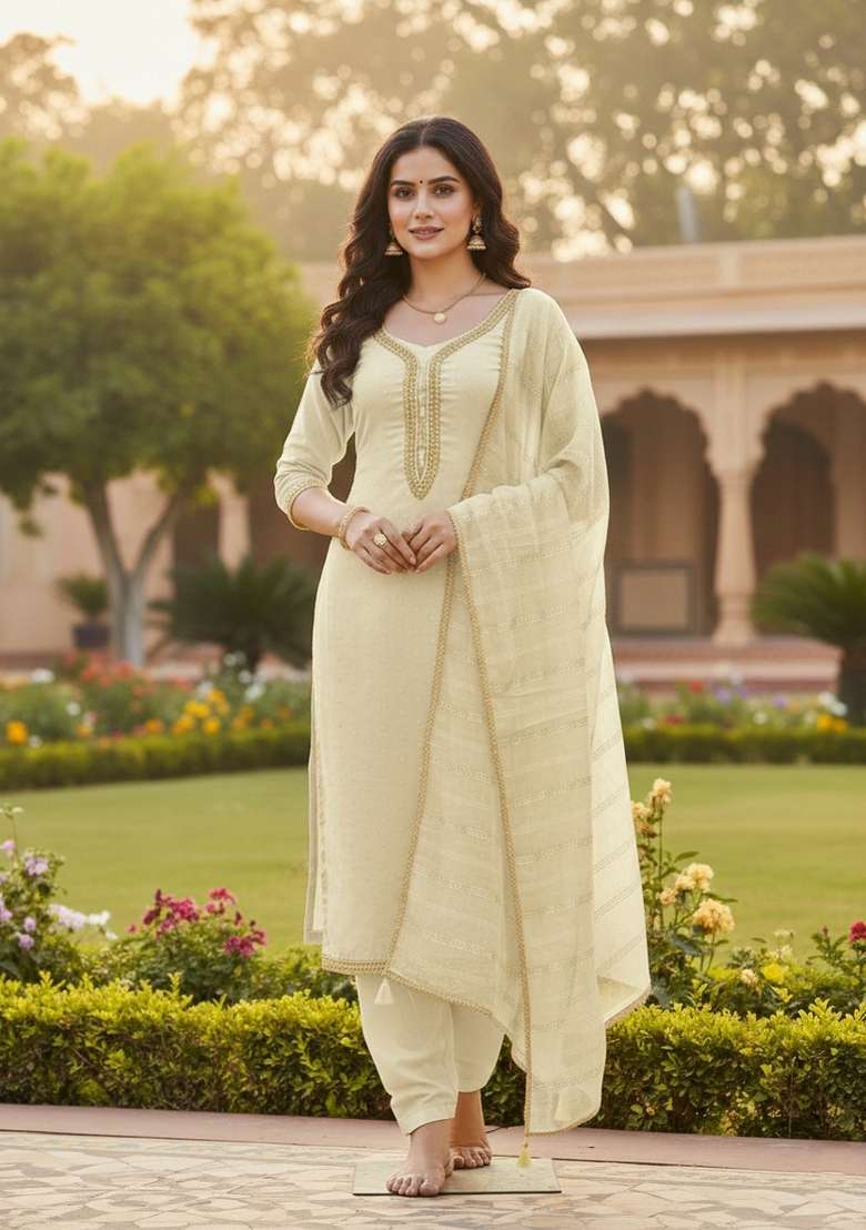 Cream Embroidery Chanderi Salwar Kameez - Indya