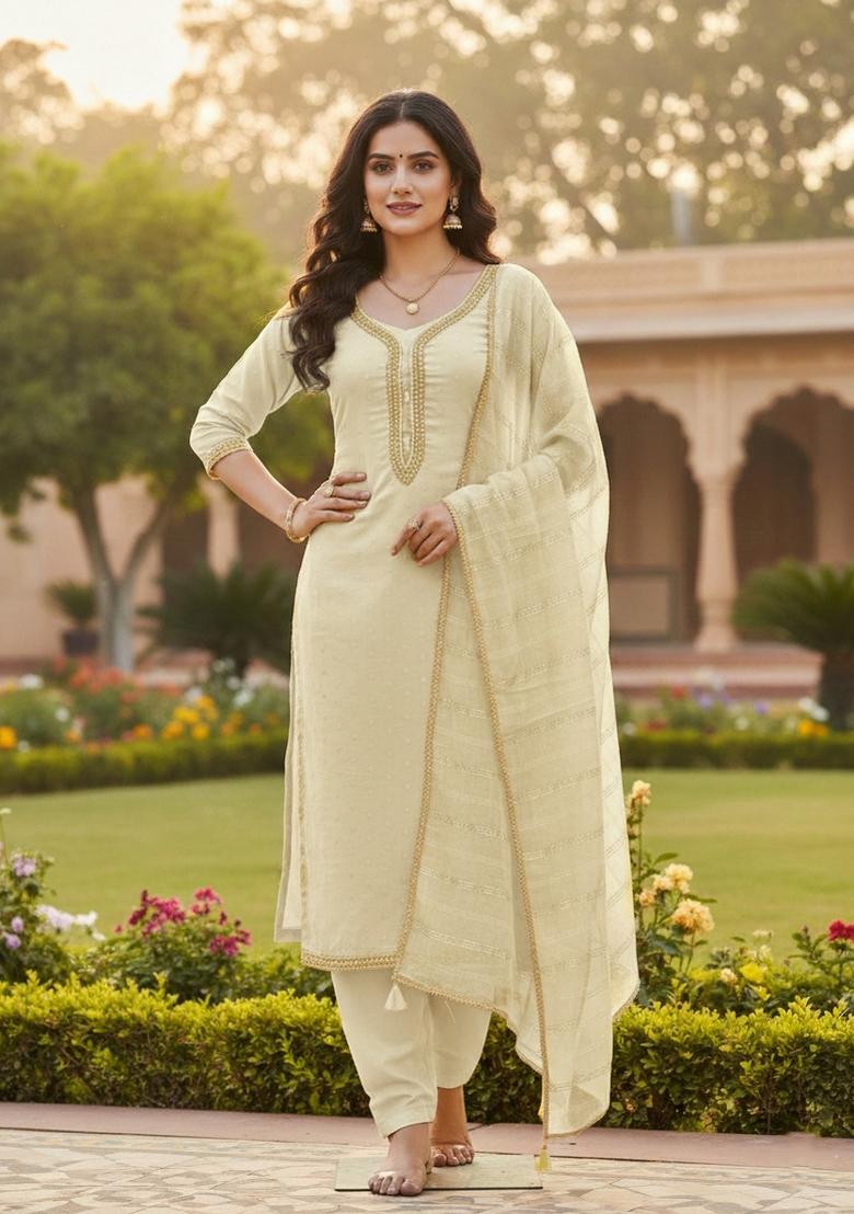 Cream Embroidery Chanderi Salwar Kameez - Indya